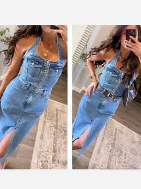 Trending!! Denim Halter Neck Jumper Dress - Light Blue
